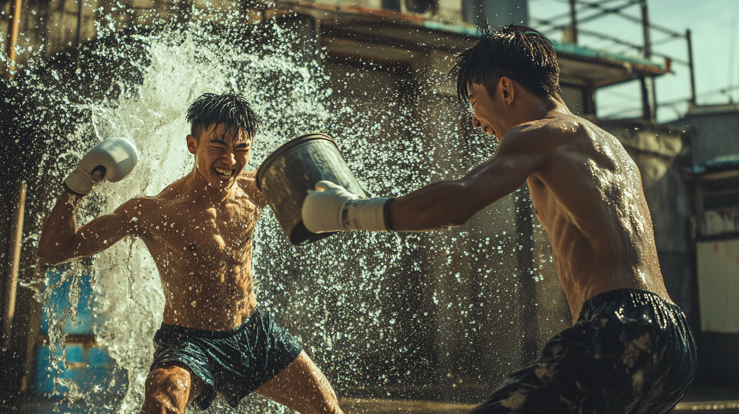 Two Asian boxers, one throwing bucket at other.