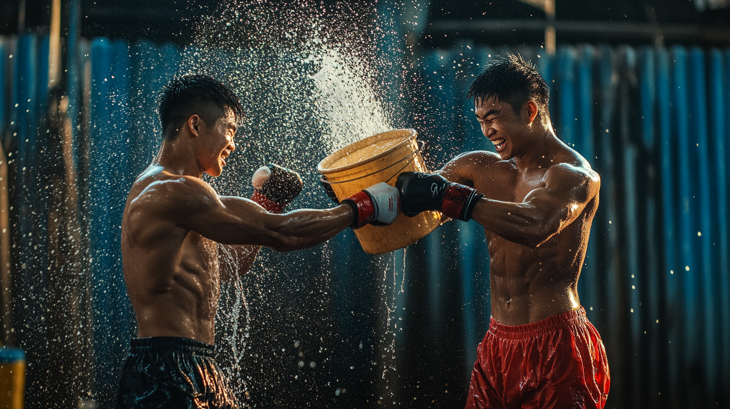 Two Asian boxers fighting in the heat.