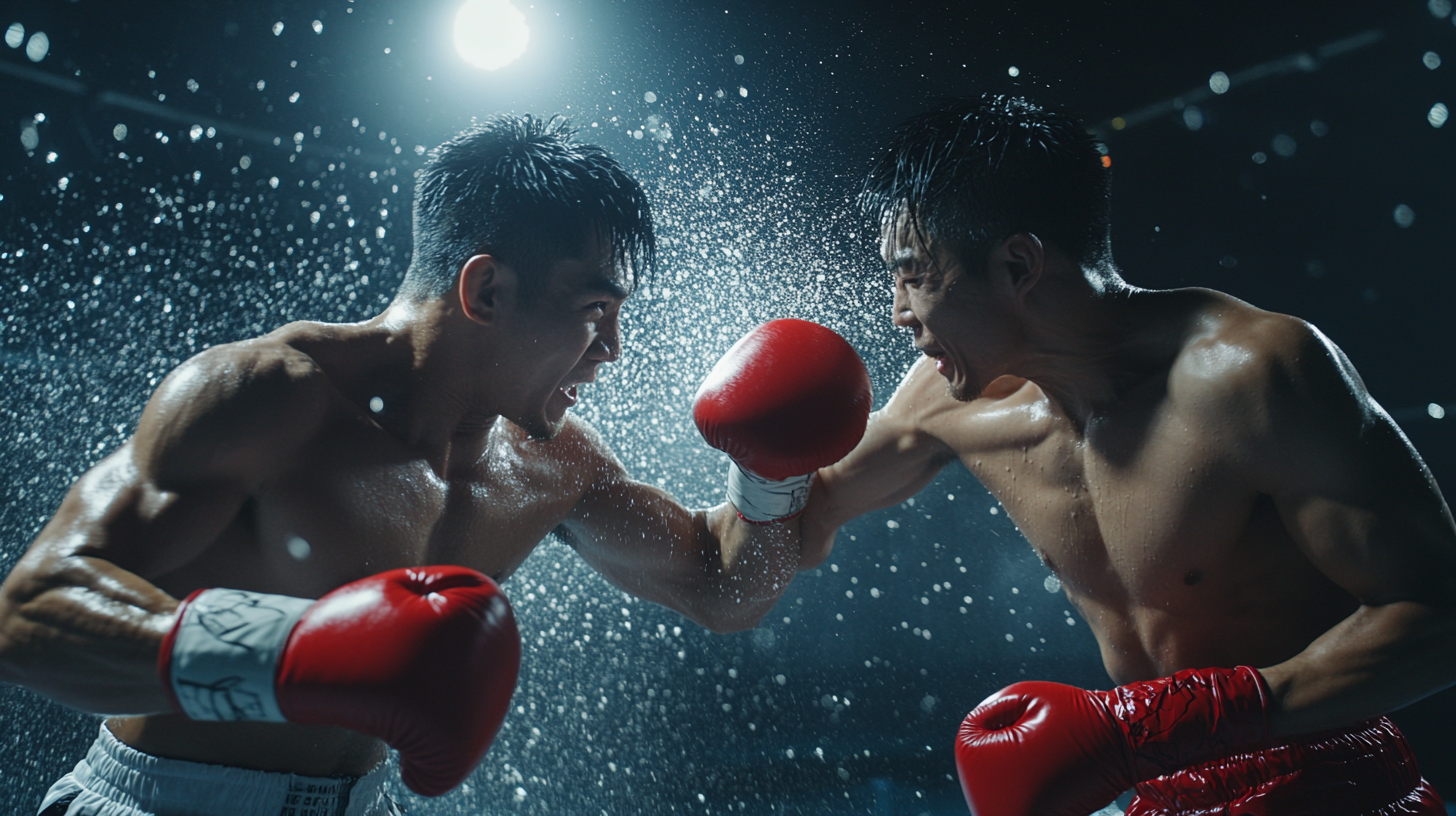 Two Asian boxers in fighting stance, throwing bucket.