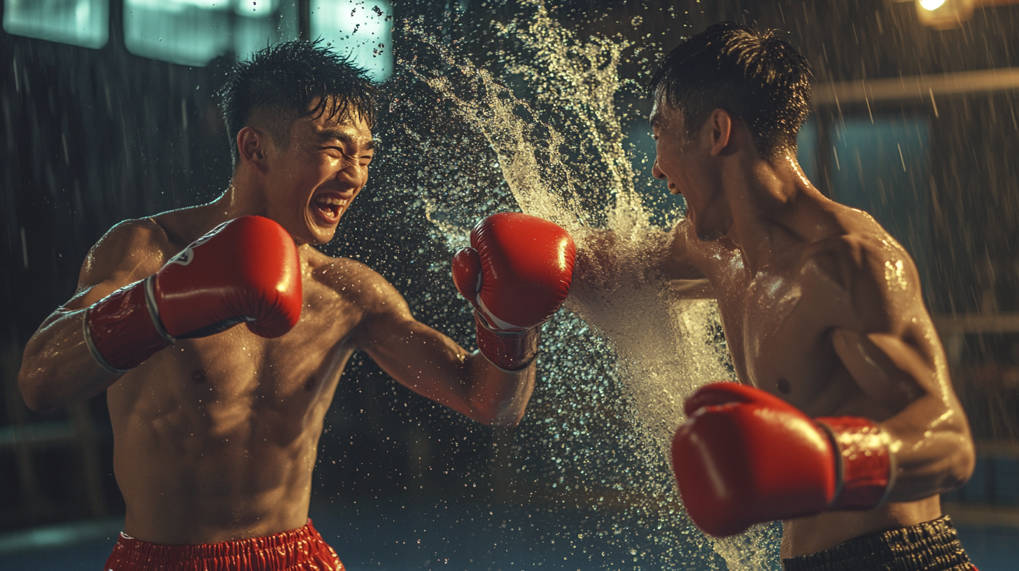 Two Asian boxers in red gloves playing happily.