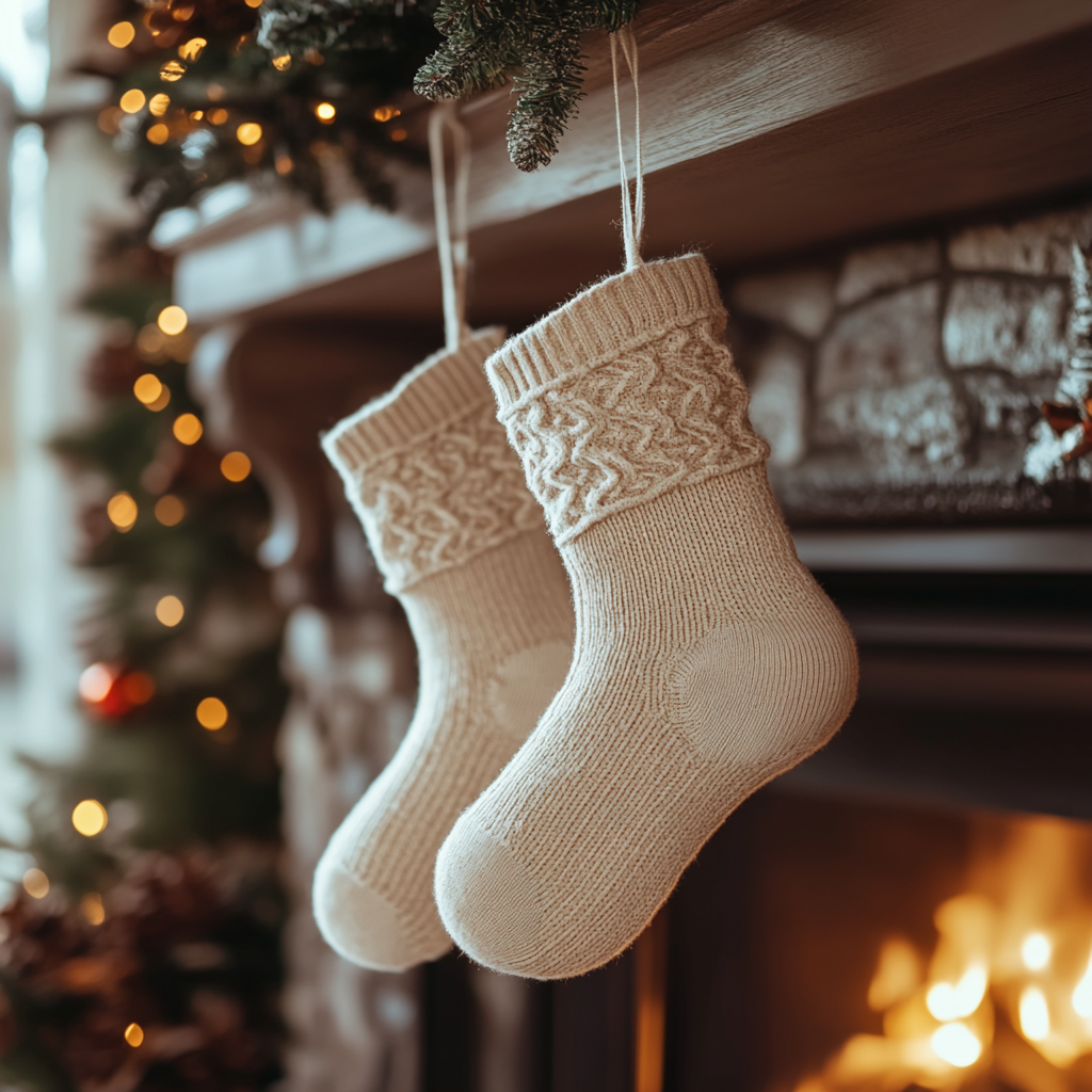 Two Beige Christmas Socks on Fireplace Mantel