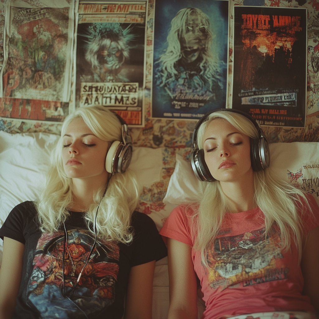 Two Blonde Women Enjoying Music in Bed