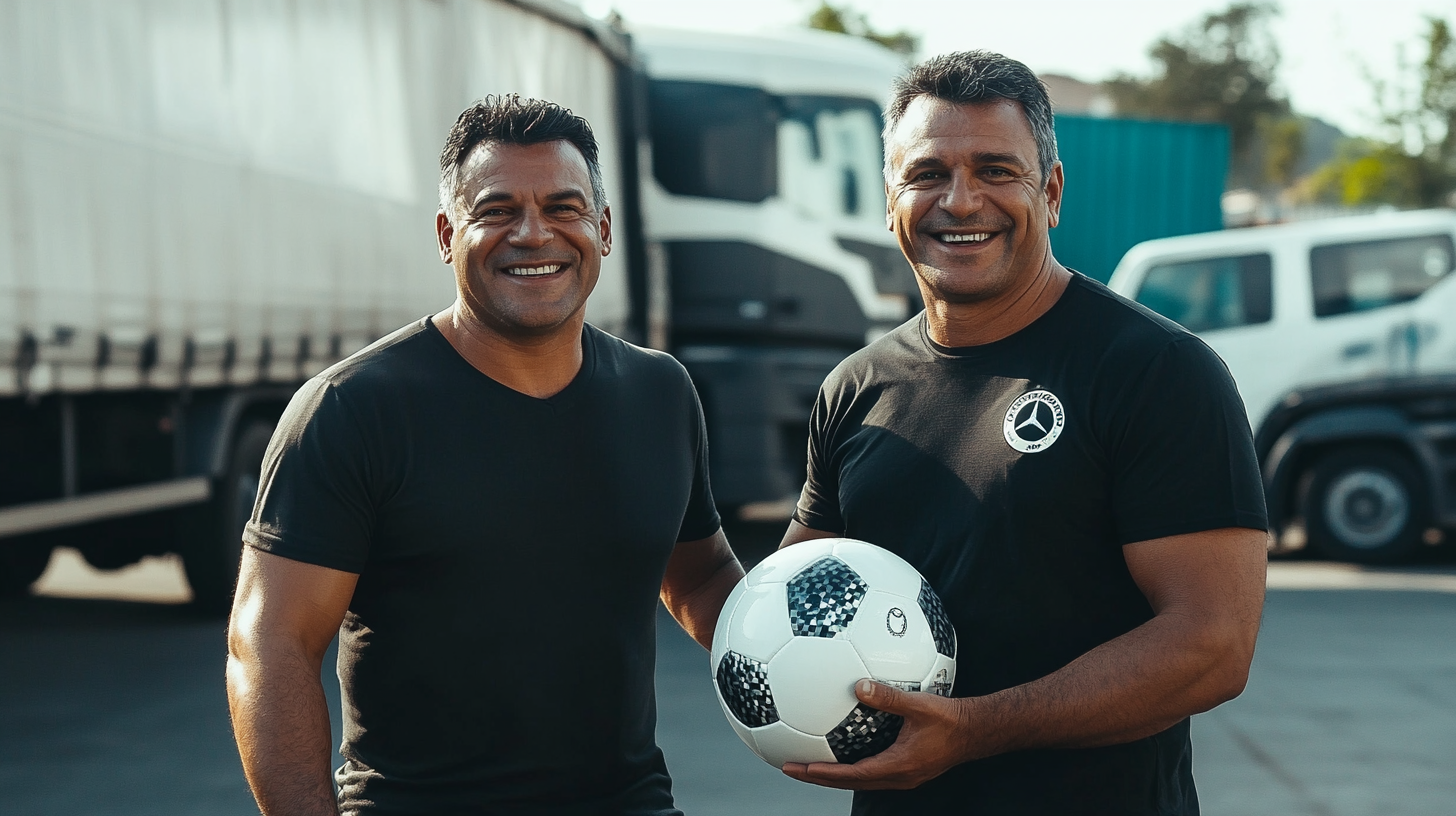 Two Brazilian men playing soccer in city parking.