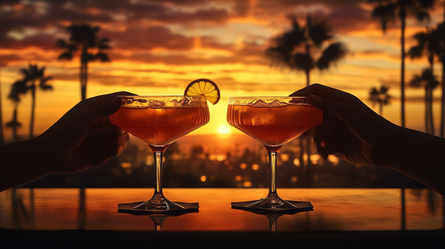 Two Cocktails Toasted at Elegant Sunset Bar