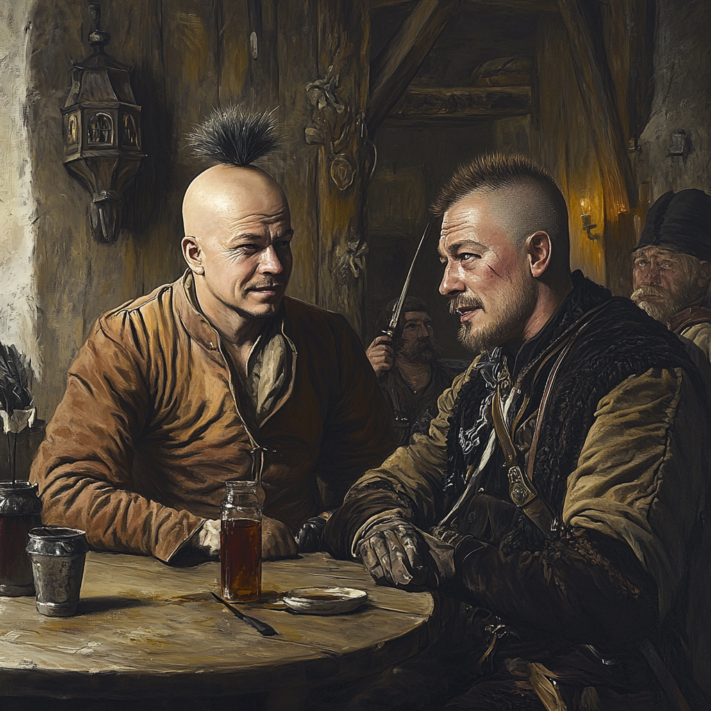 Two Cossacks in 17th Century tavern sit chatting.