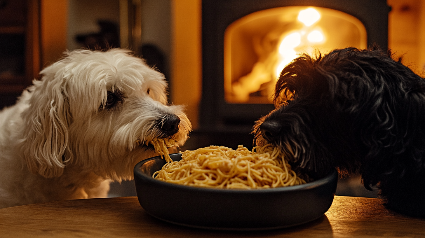 Two Dogs Eating Spaghetti in a Cozy Room