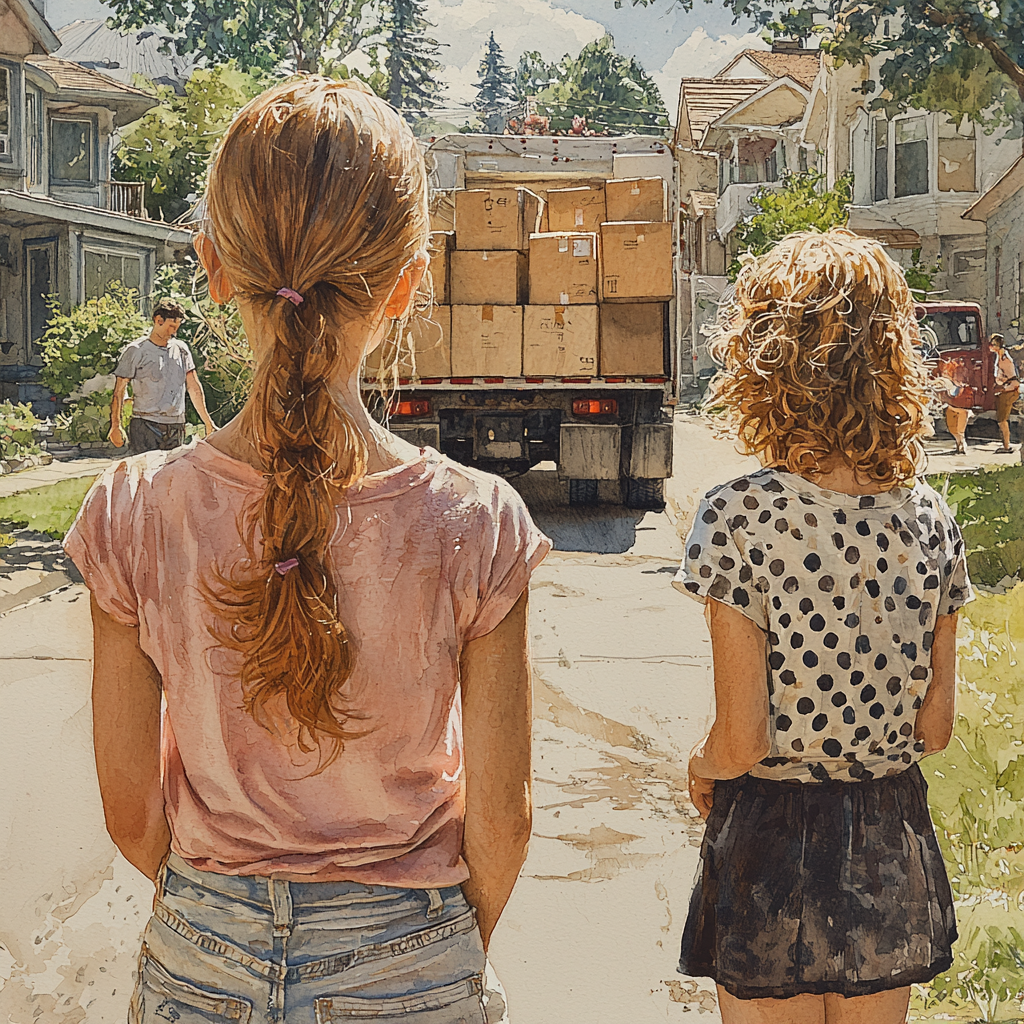 Two Girls Watching Men Move Boxes in Neighborhood