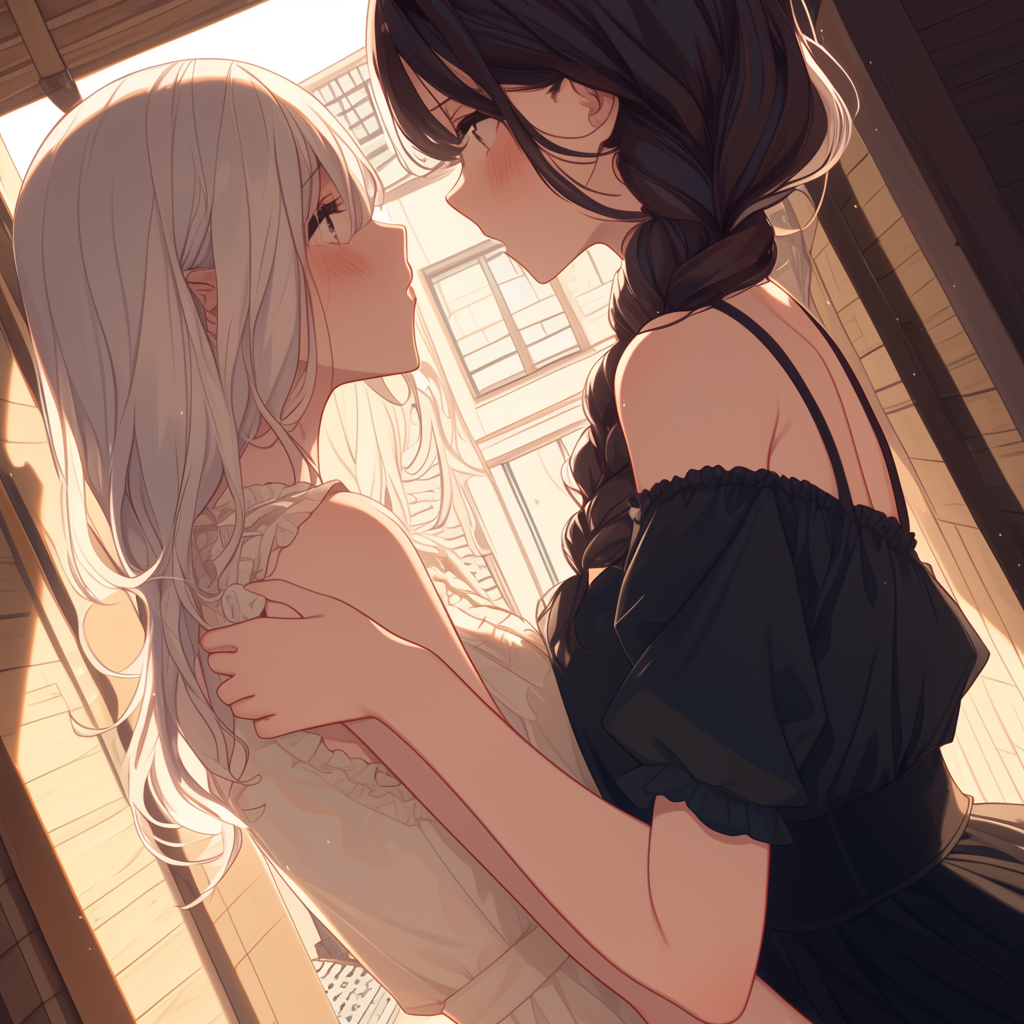 Two Girls in Hallway, Cinematic Manga Style, Detail