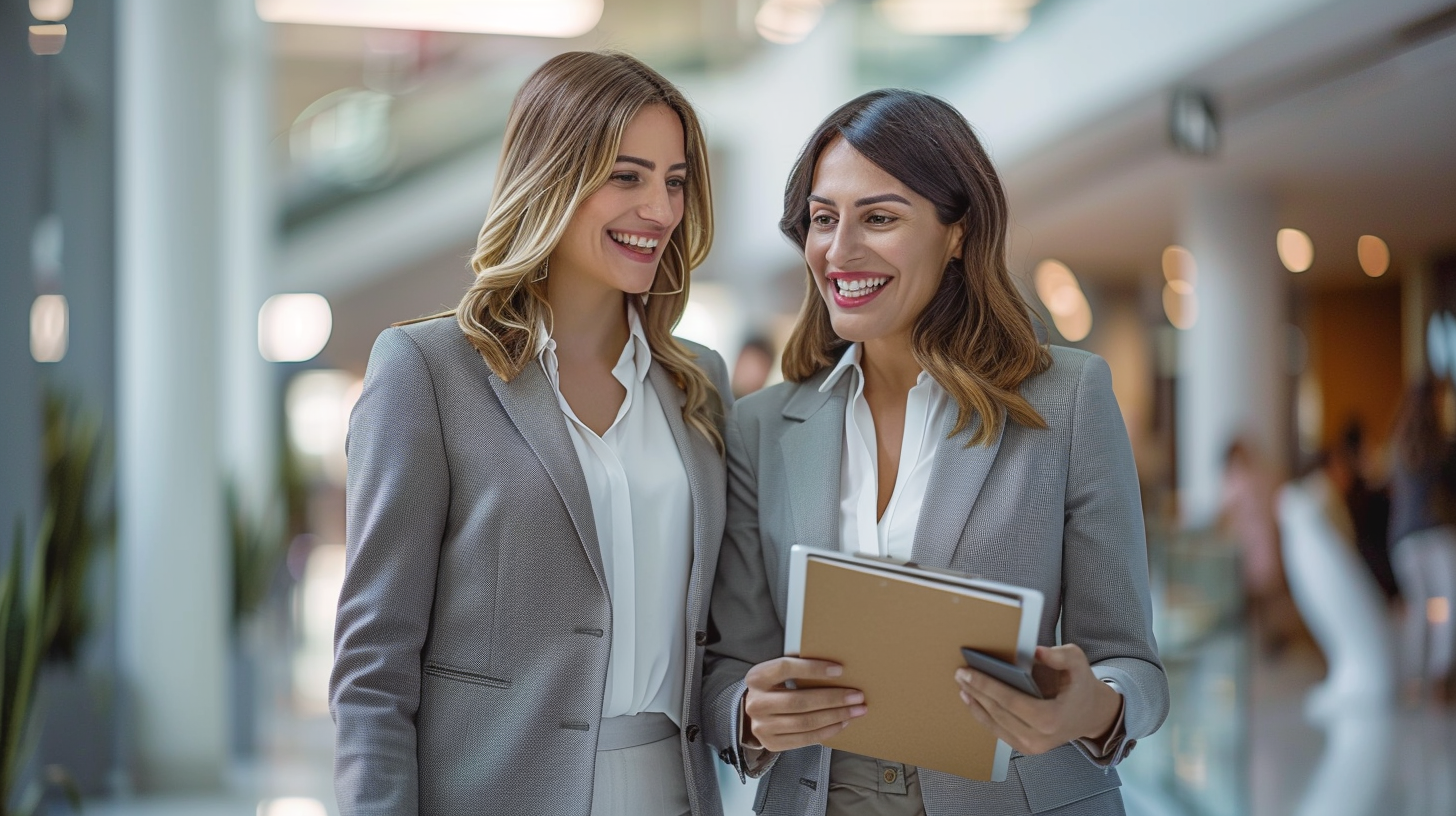 Two Happy Businesswomen Show iPad in Office Lobby