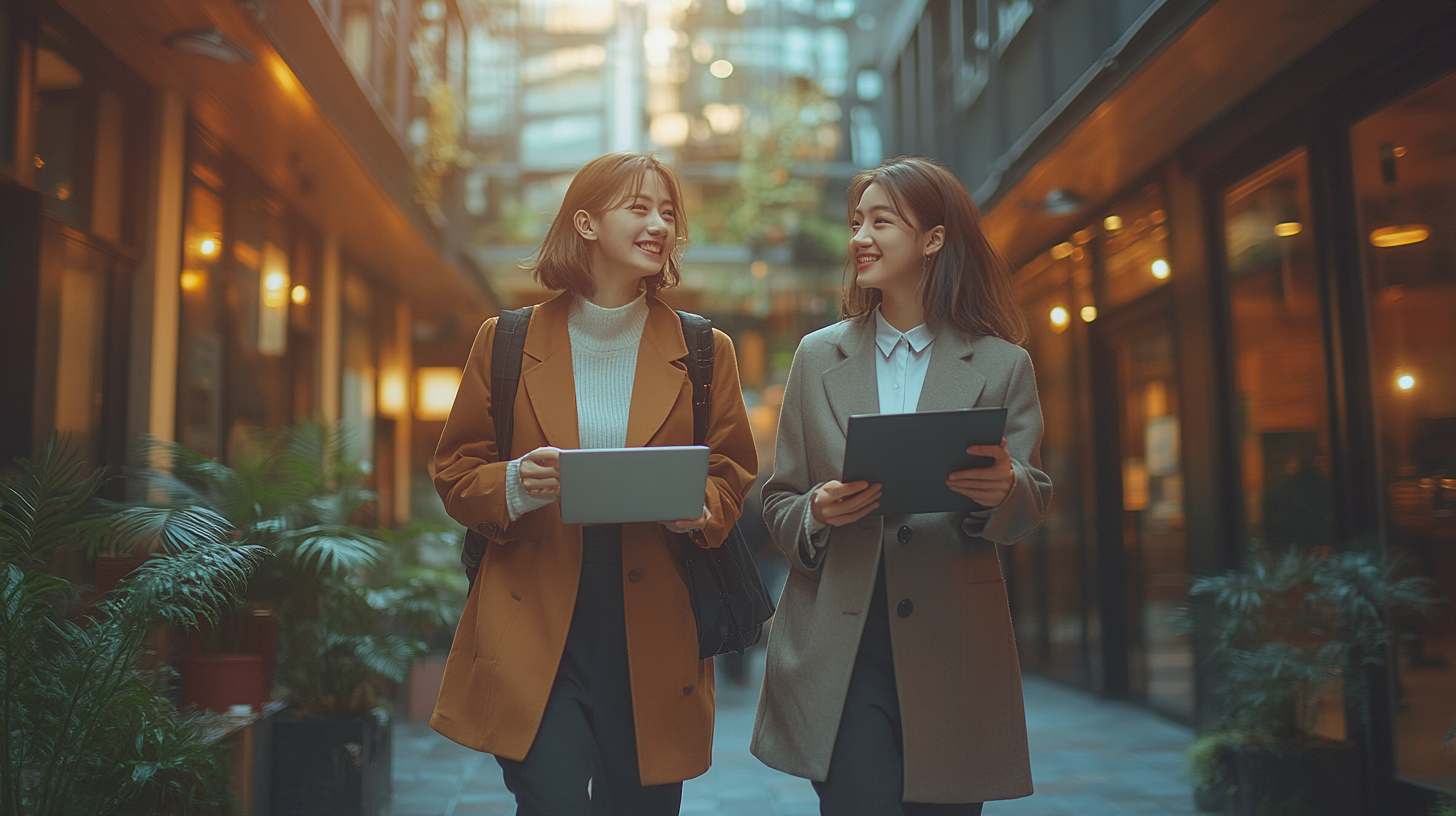 Two Japanese female students in suits walking in office.