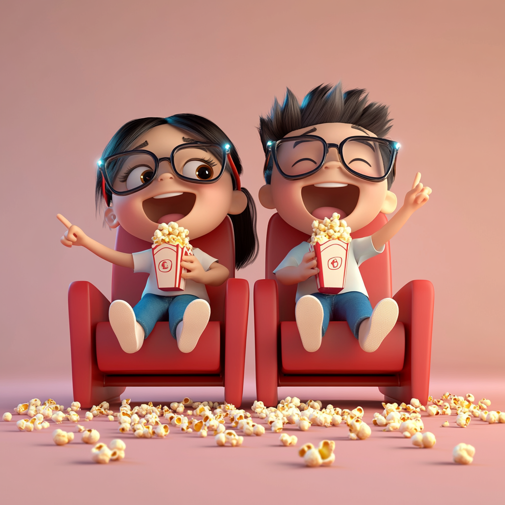 Two Kids Enjoying Movie with Popcorn in 3D