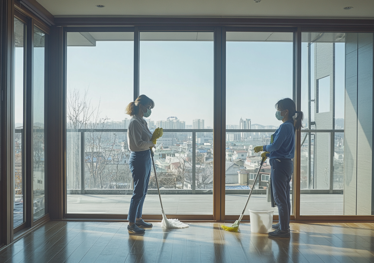 Two Korean women cleaning newly built apartment, wearing masks.