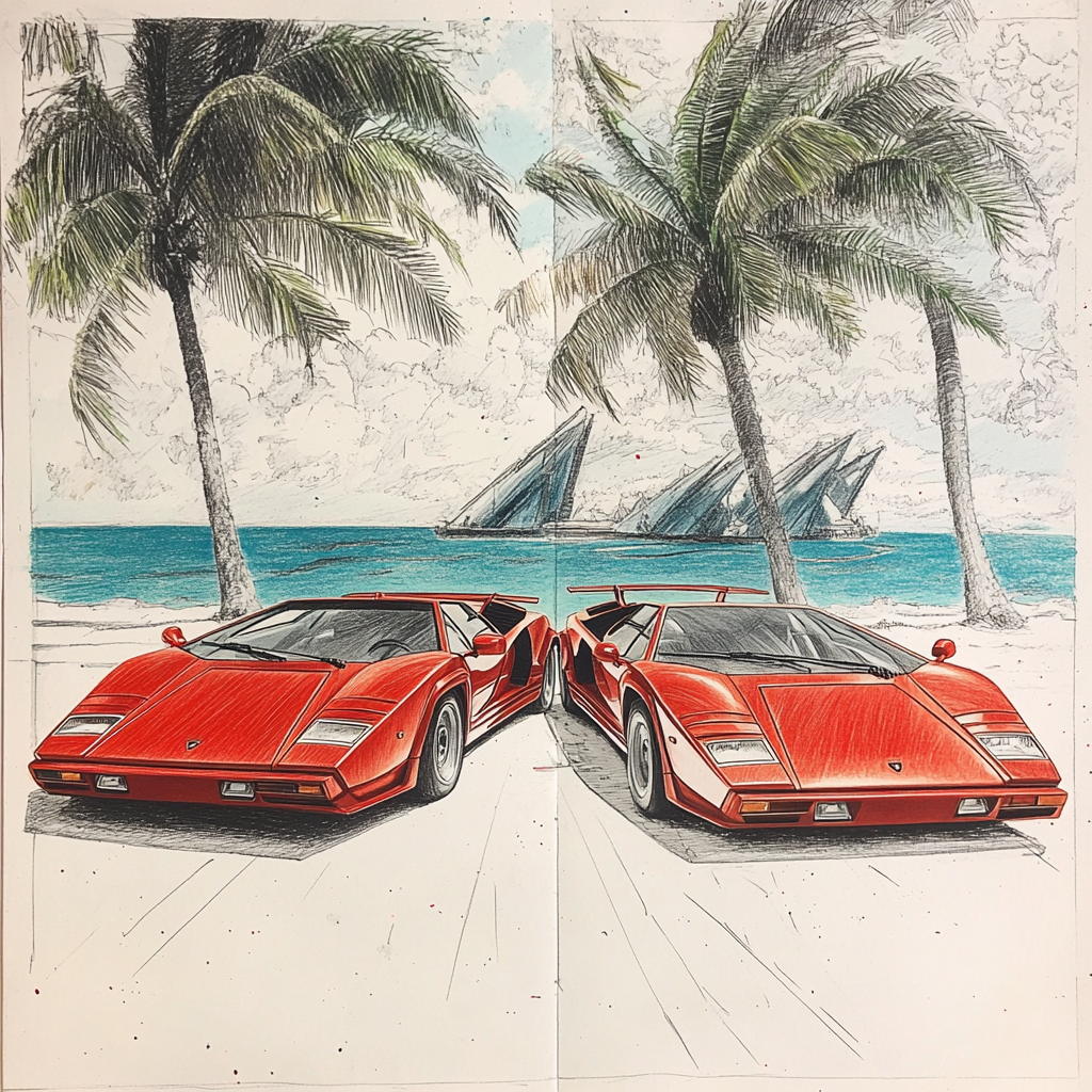 Two Lamborghinis Countach on beach-themed background.