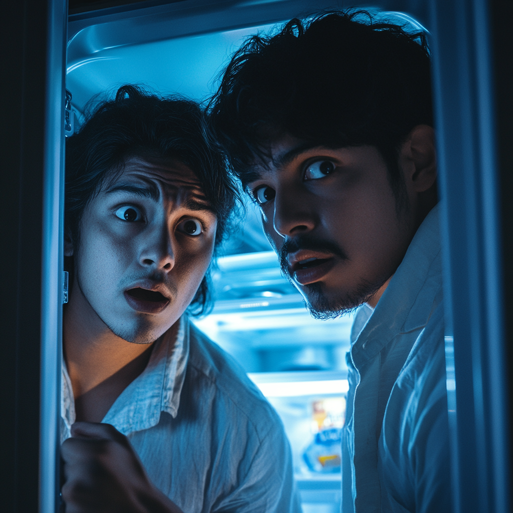 Two Latino friends suspiciously open fridge, eyeing each other.