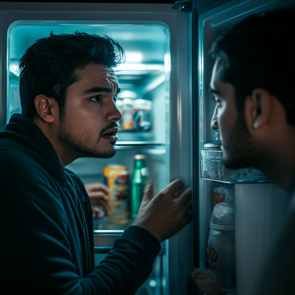 Two Latino friends suspiciously opening refrigerator, exchanging glances.