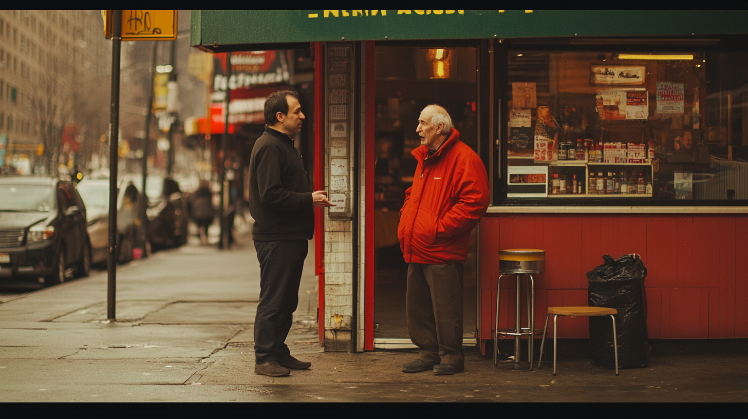 Two Men Talking in New York City Restaurant