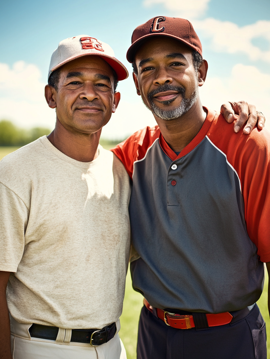 Two Men in Baseball Uniform on Field Portrait