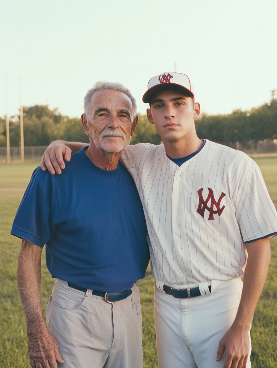 Two Men in Baseball Uniforms on Field