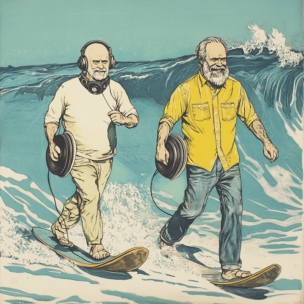 Two Older DJs Surfing Malibu Wave with Albums