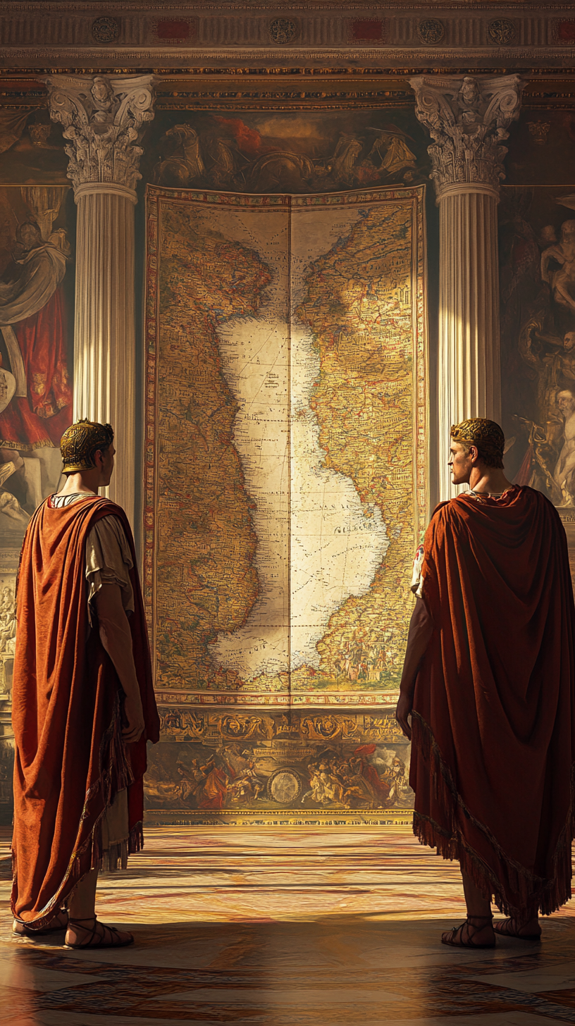 Two Roman emperors standing by a map, split-screen style.