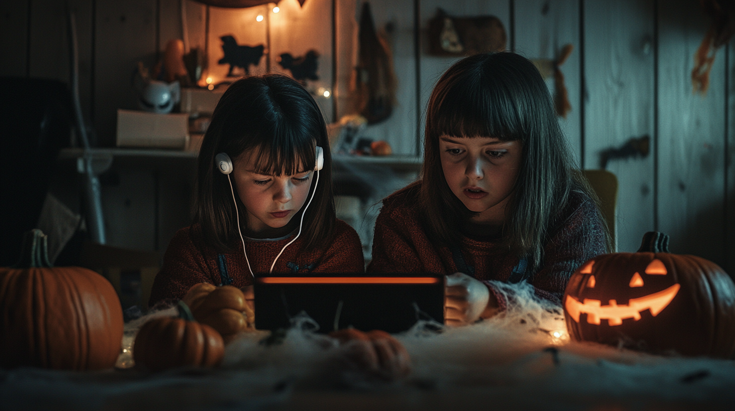 Two Sisters Listening to Scary Podcast