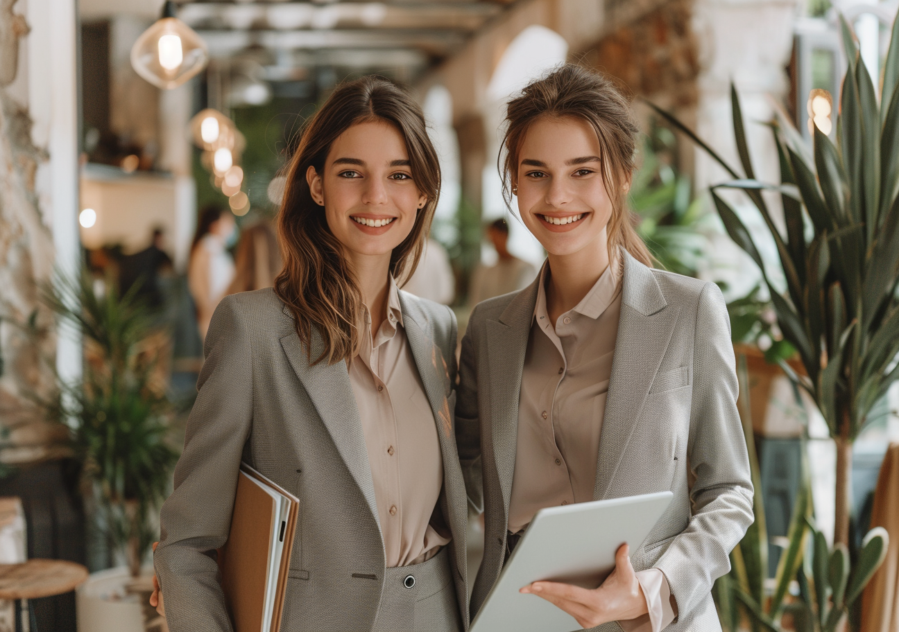 Two Smiling Business Women In Grey Suits Walking