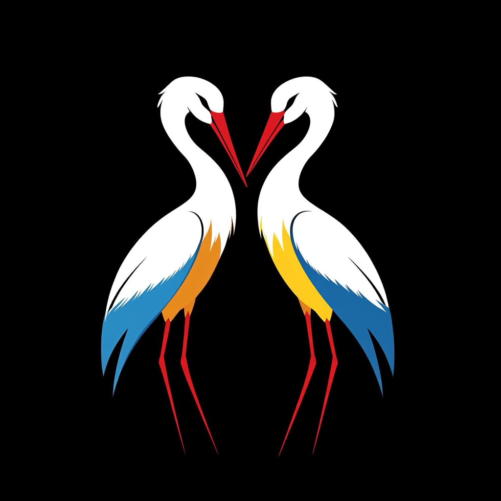 Two Storks in Symmetrical Logo with Bold Colors.