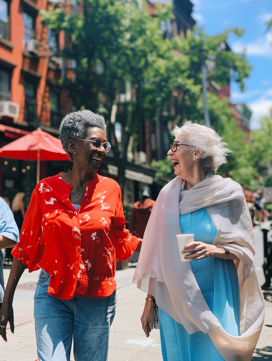 Two Stylish 70s Grandmothers Laughing Outside Cafe 