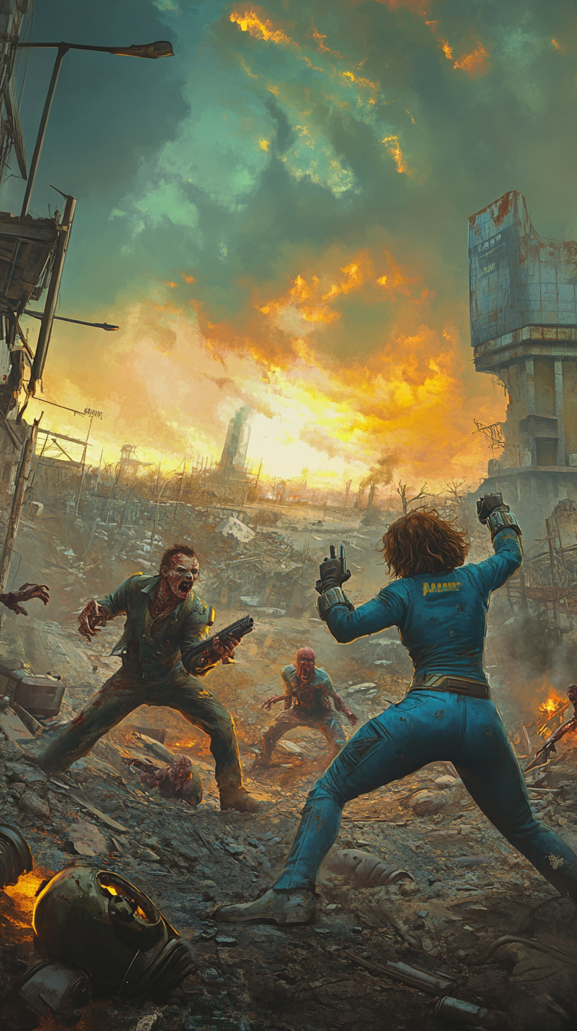 Two Vault-Dwellers Battling Zombies in Post-Apocalyptic City