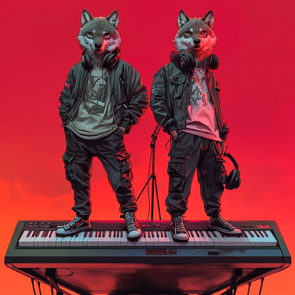 Two Wolves in Cool Outfits on Giant Piano Keys