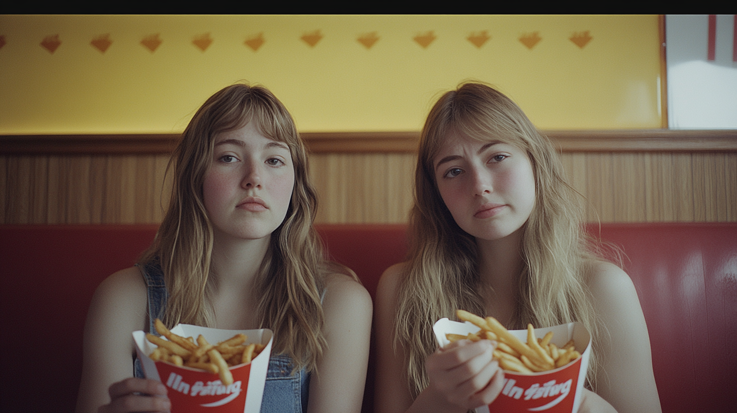 Two Women Sharing Fries in Empty Room