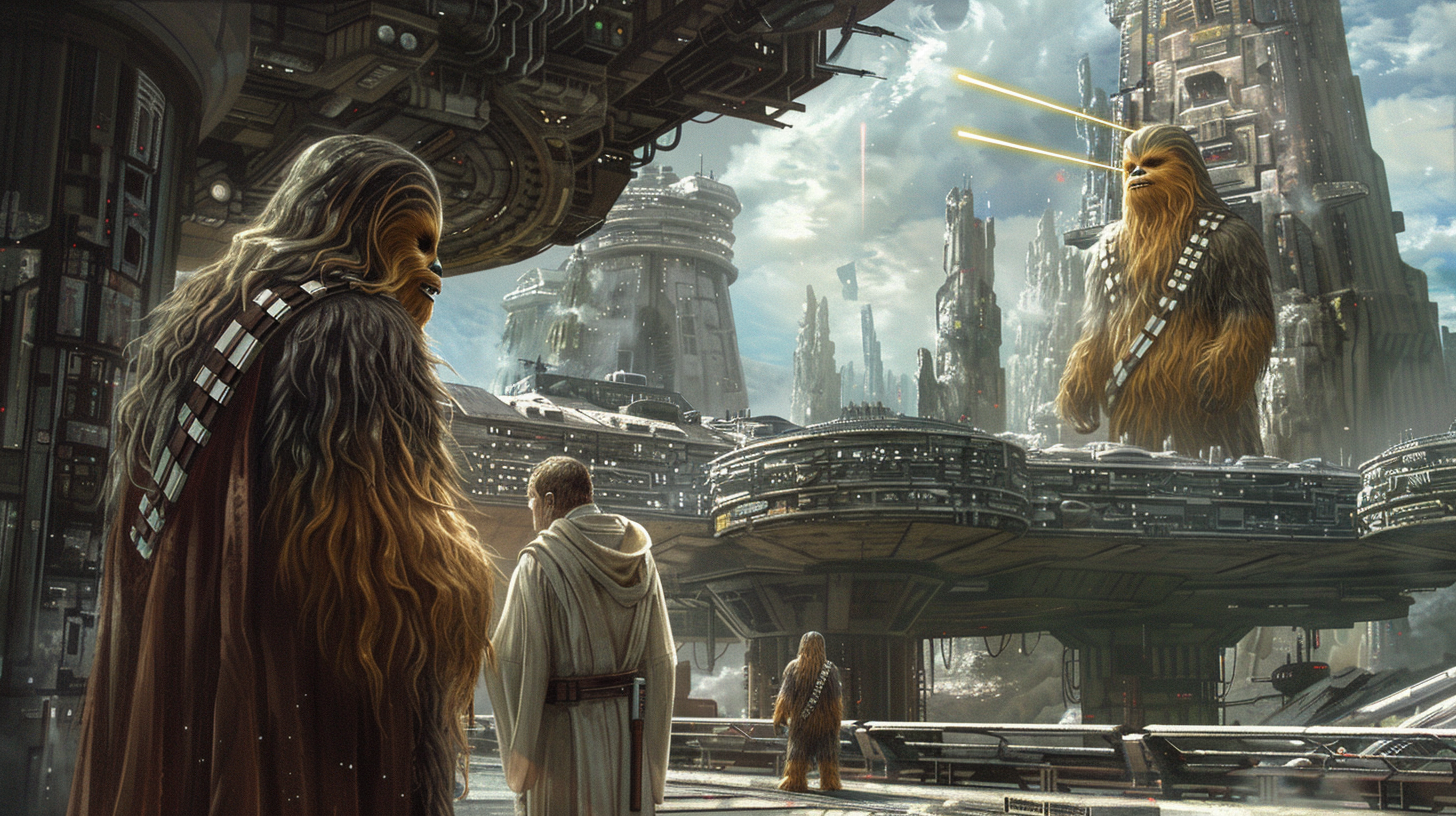 Two Wookiee Jedi Chatting at Spaceport in Panorama.