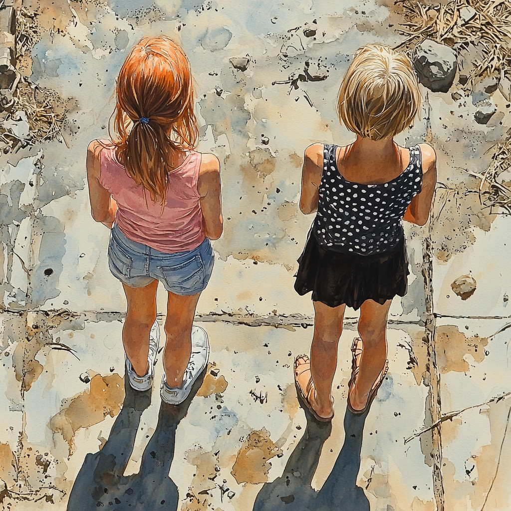 Two Young Girls Standing Outside in Watercolor