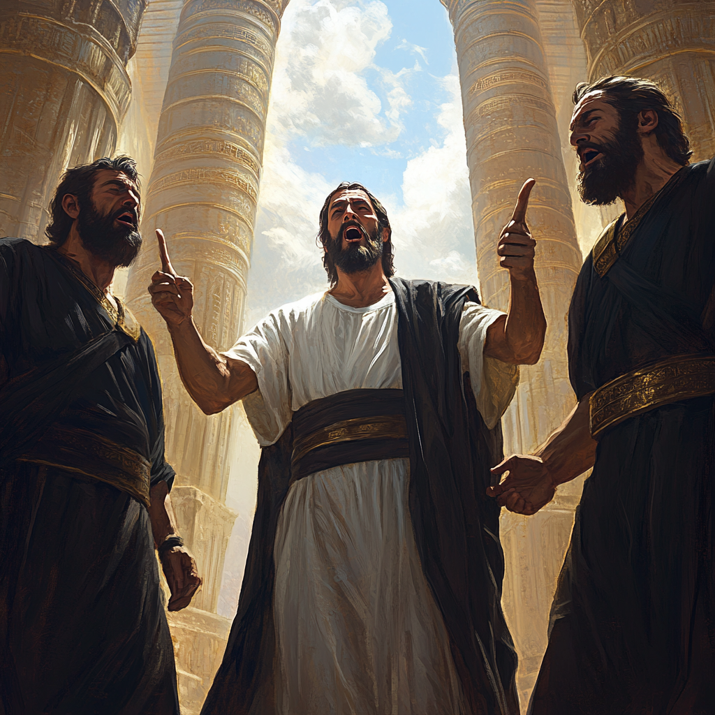 Two angry Pharisees accusing peaceful Jesus. Temple pillars.