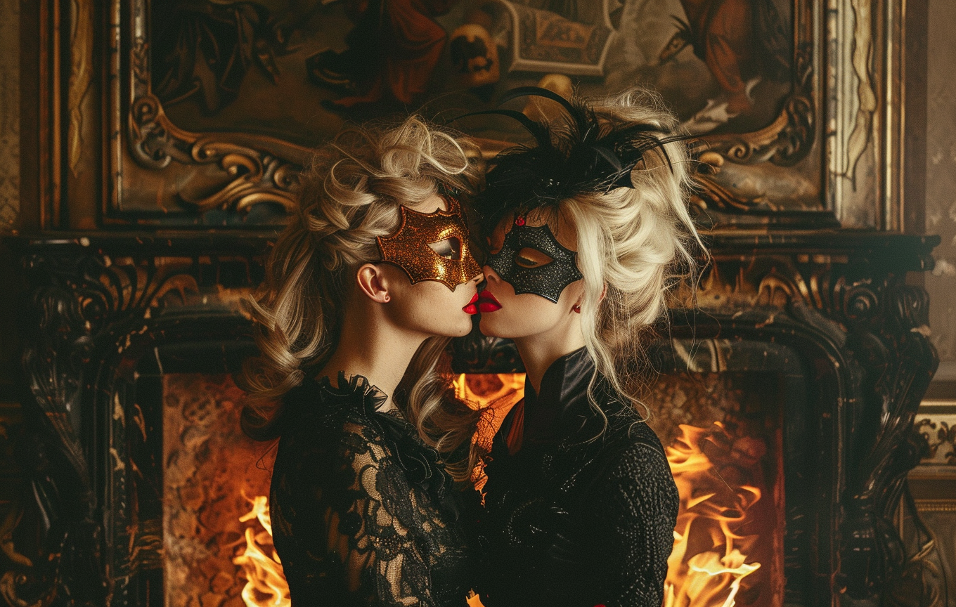 Two beautiful women in messy blond hair kiss.