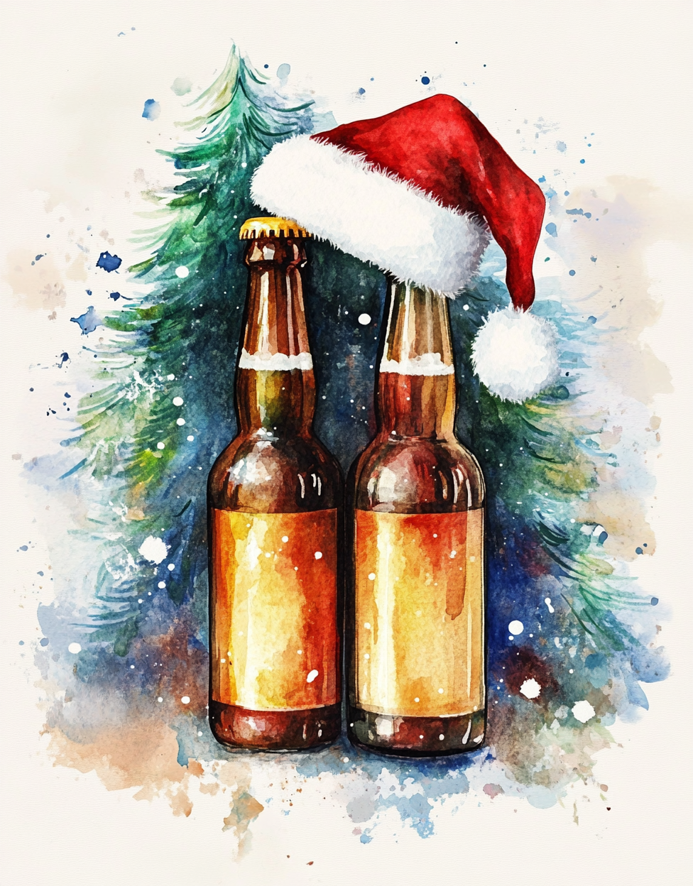 Two beer bottles in Santa hats clinking together