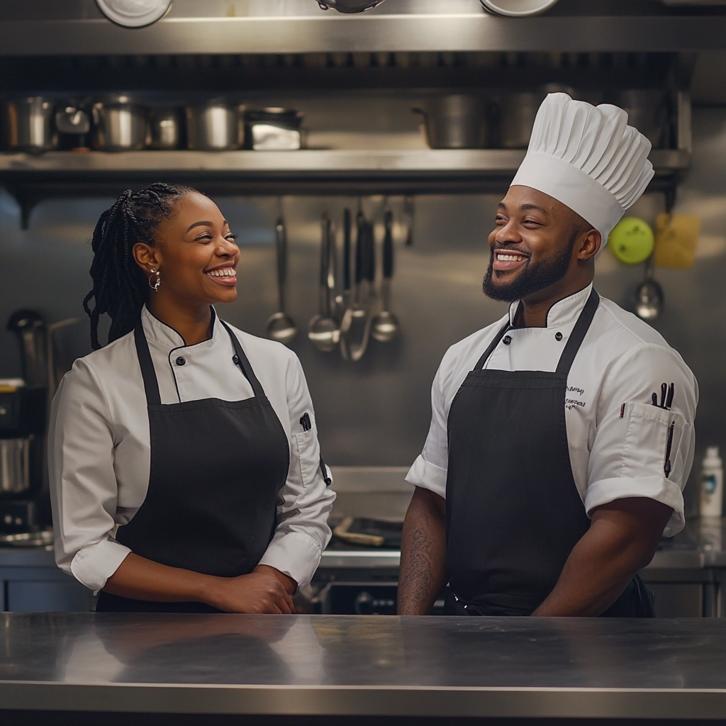 Two black American chefs smiling in kitchen, 4k.