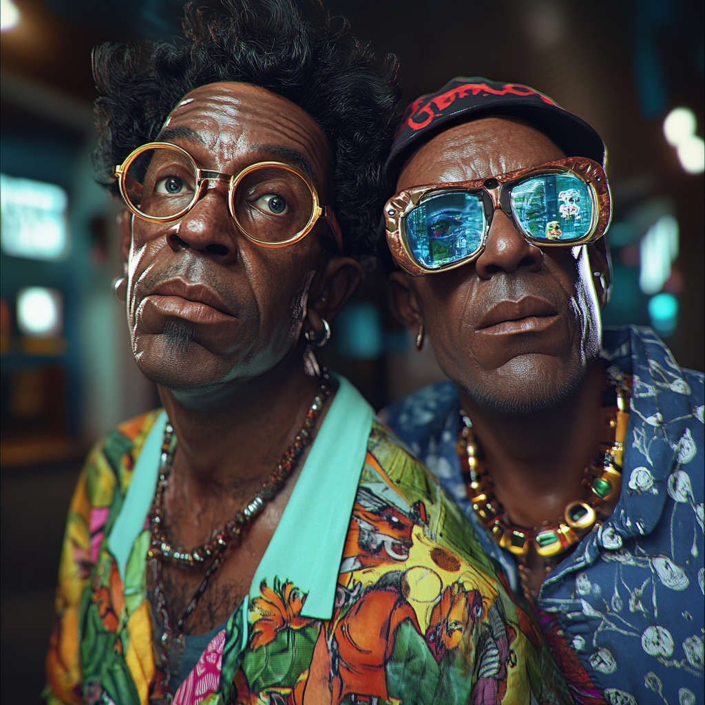 Two black men in glasses, one circus outfit.