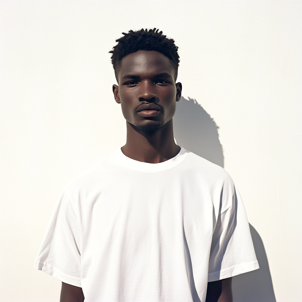 Two black model men wearing white t-shirts.