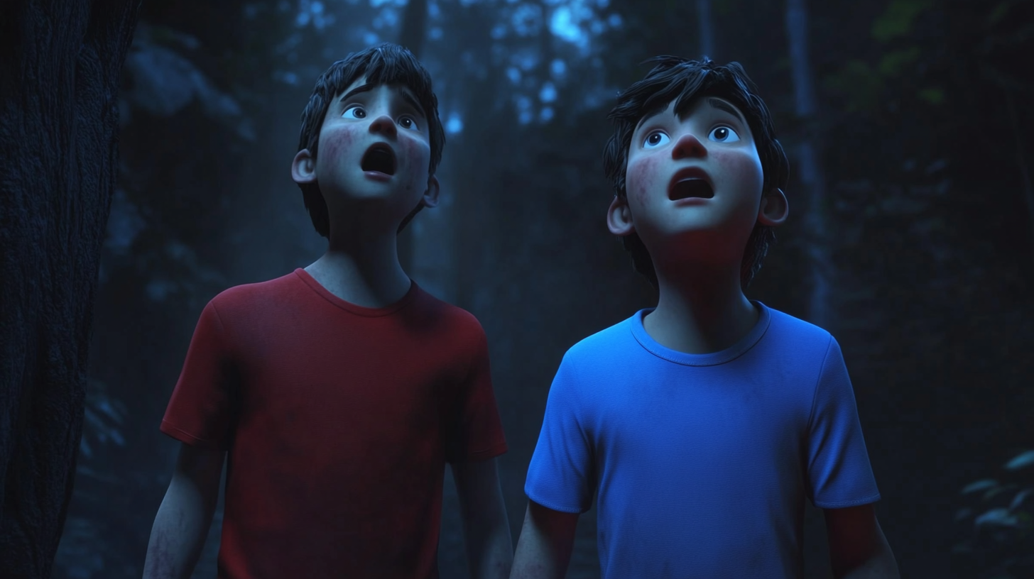 Two boys, one in blue, one in red.