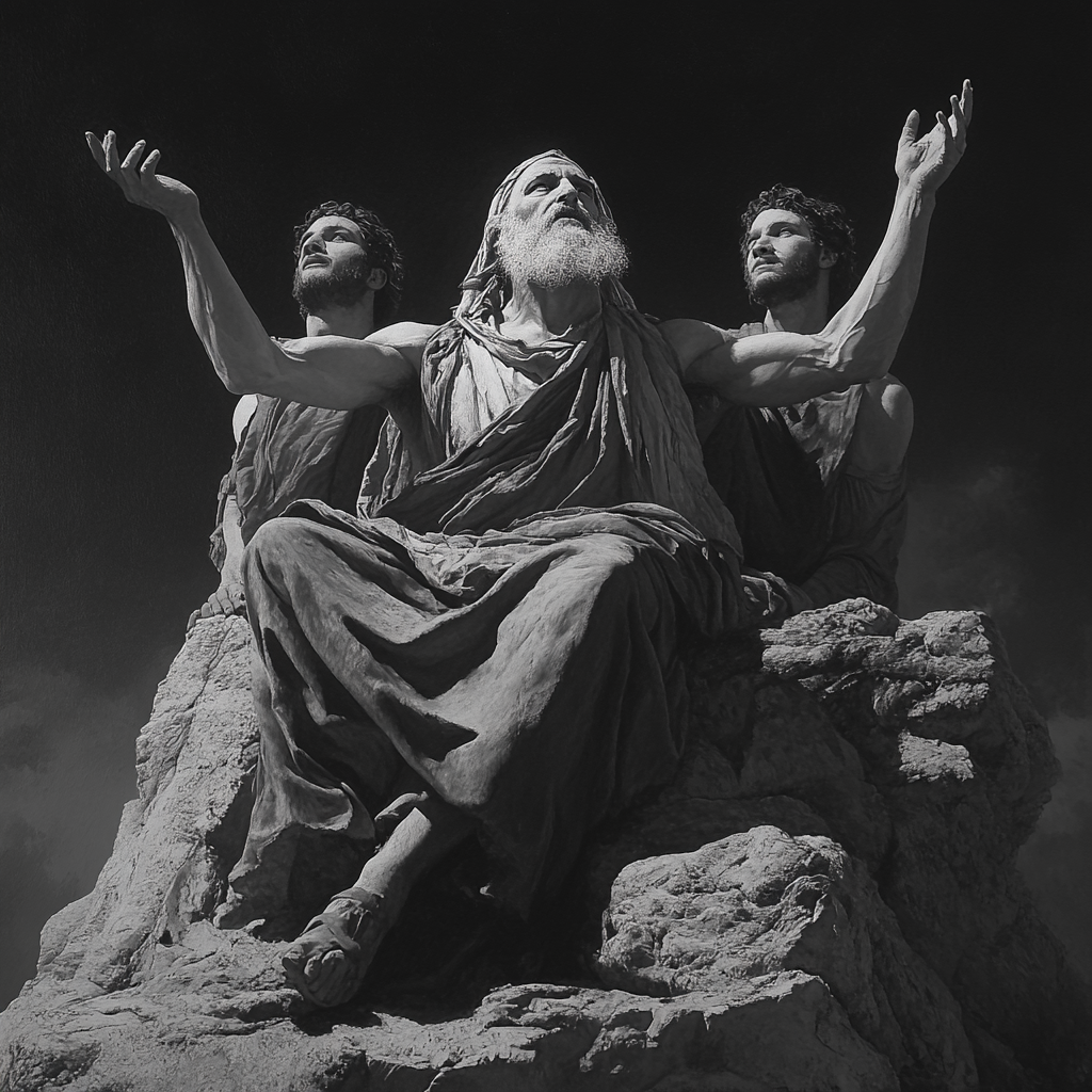 Two boys help Moses on cliff