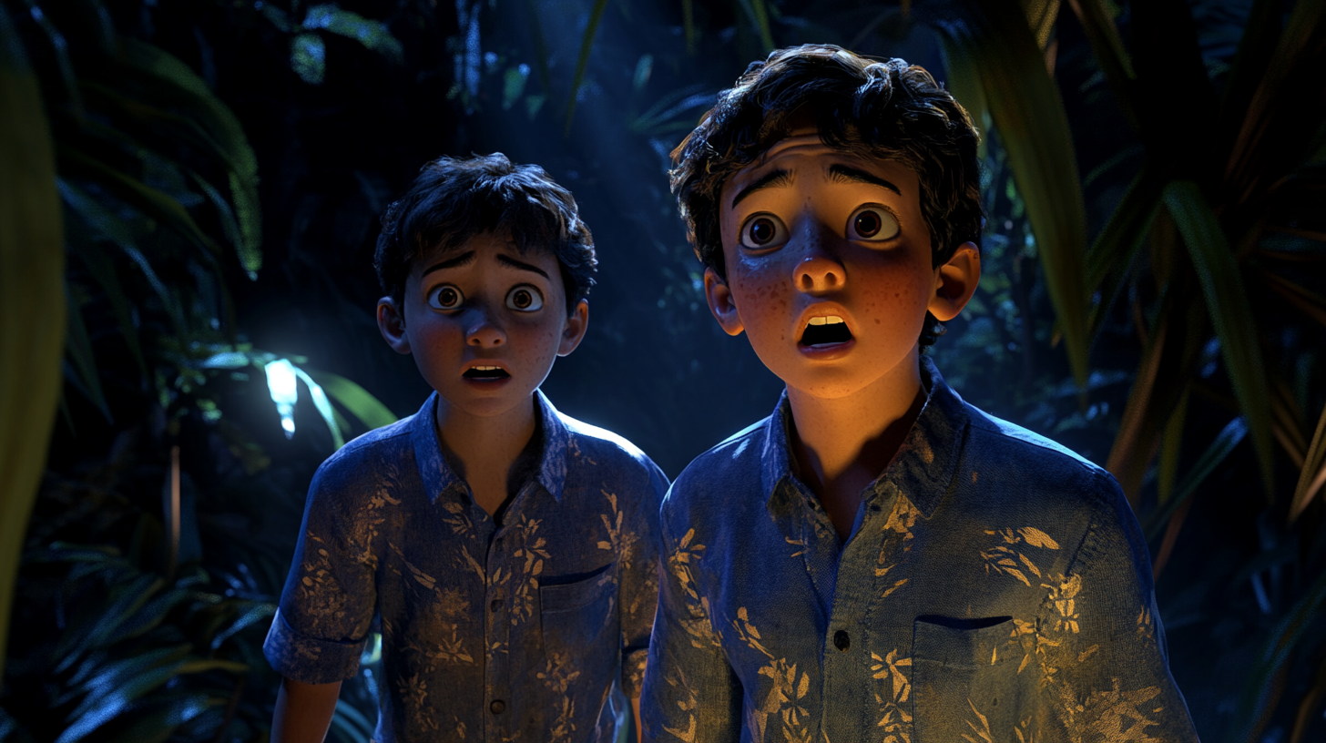 Two boys looking for Sally in dark jungle.