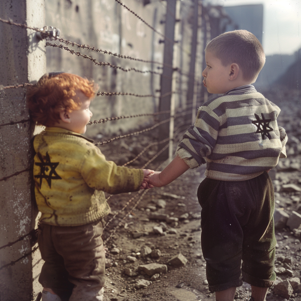 Two boys meet at fence resembling German ghetto.