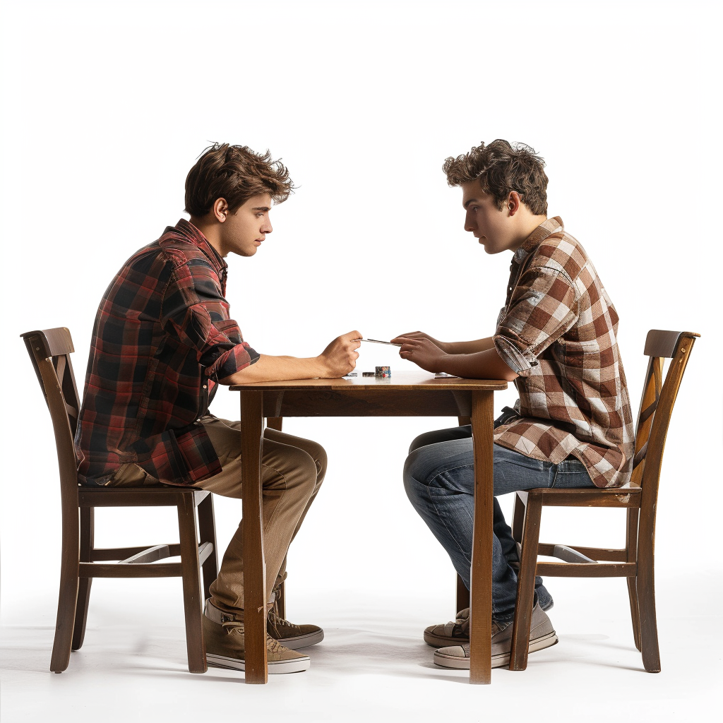 Two boys play cards at table, realistic style.