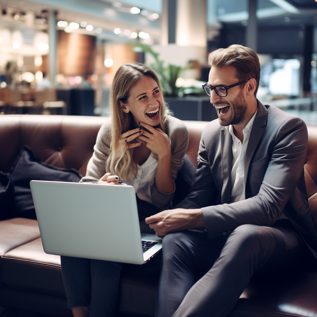 Two business professionals reacting to laptop tool