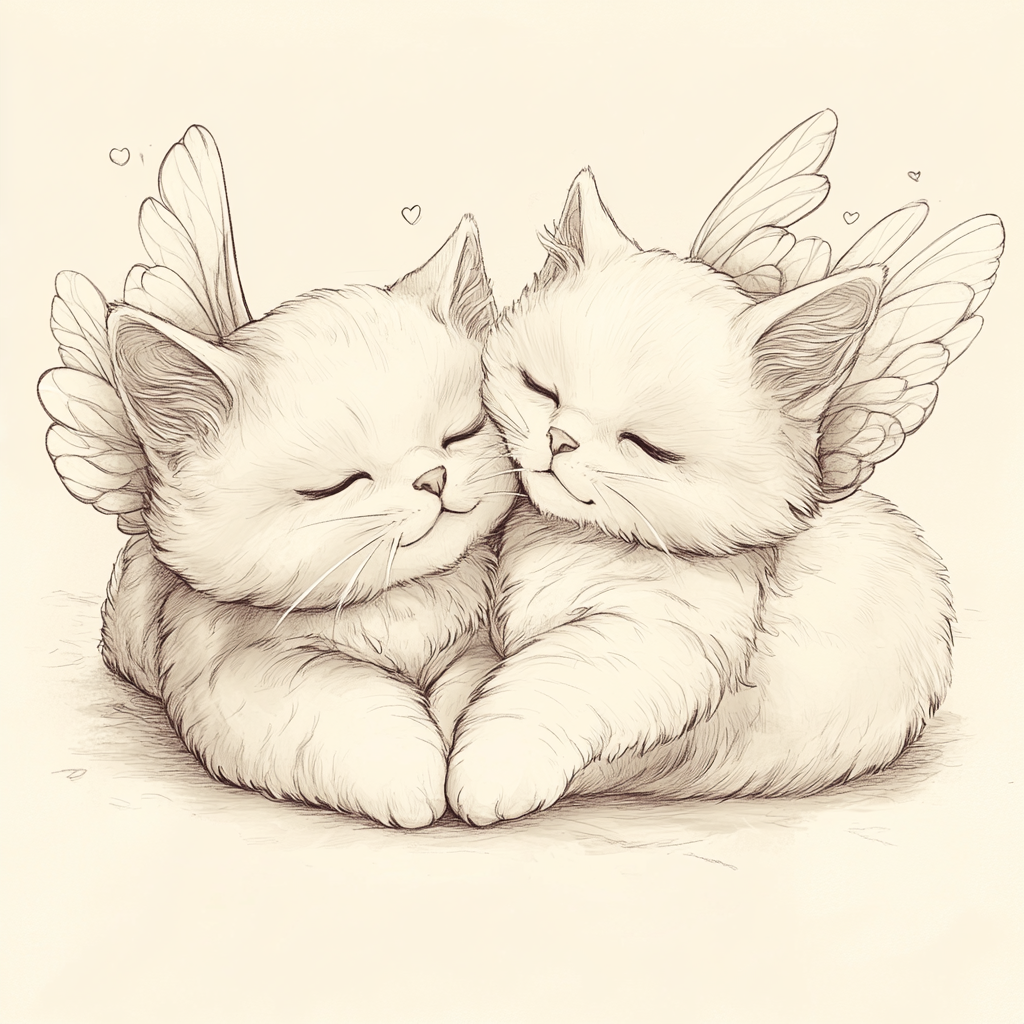 Two cartoon cats with wings hugging in anime style.