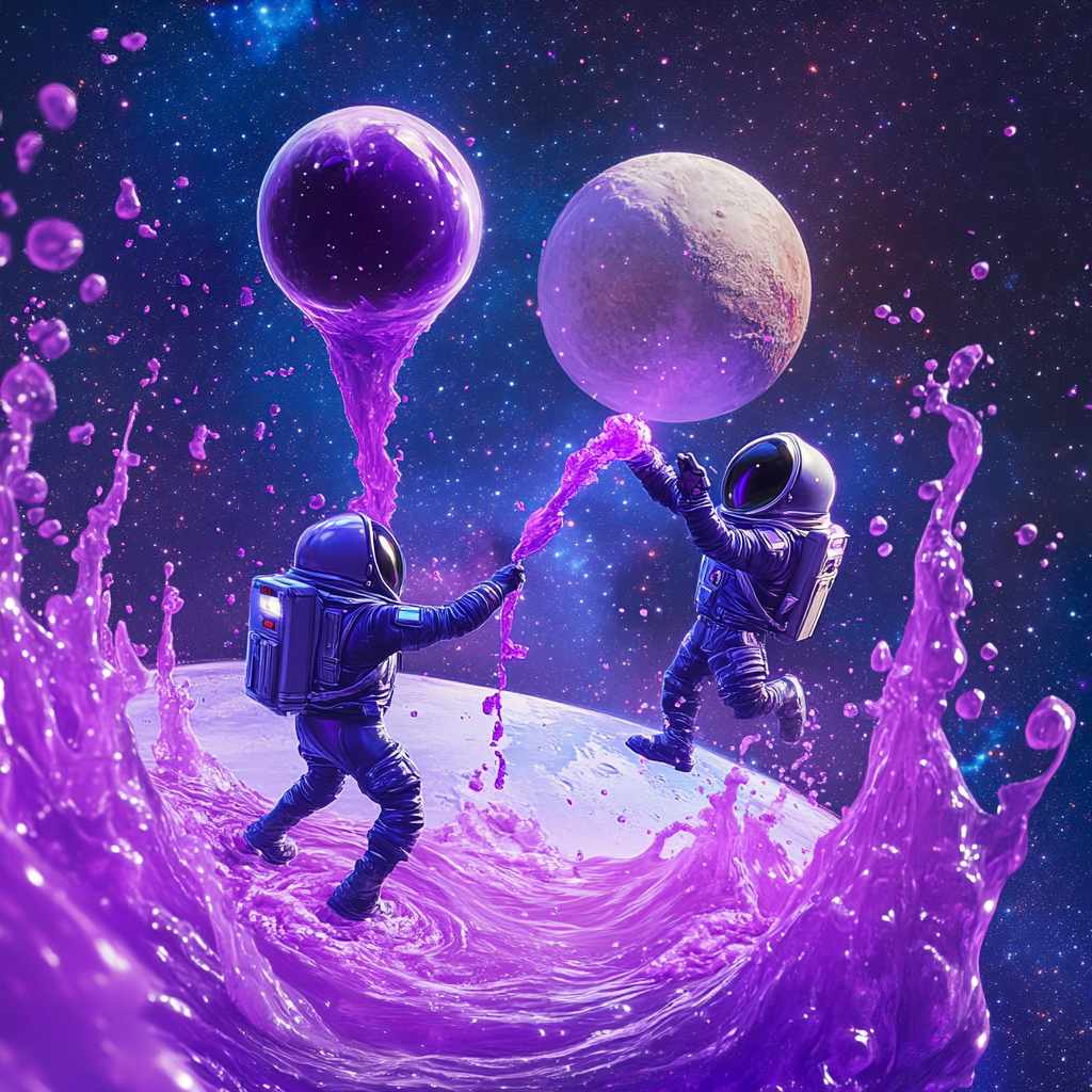 Two cartoon characters throw purple juice in space