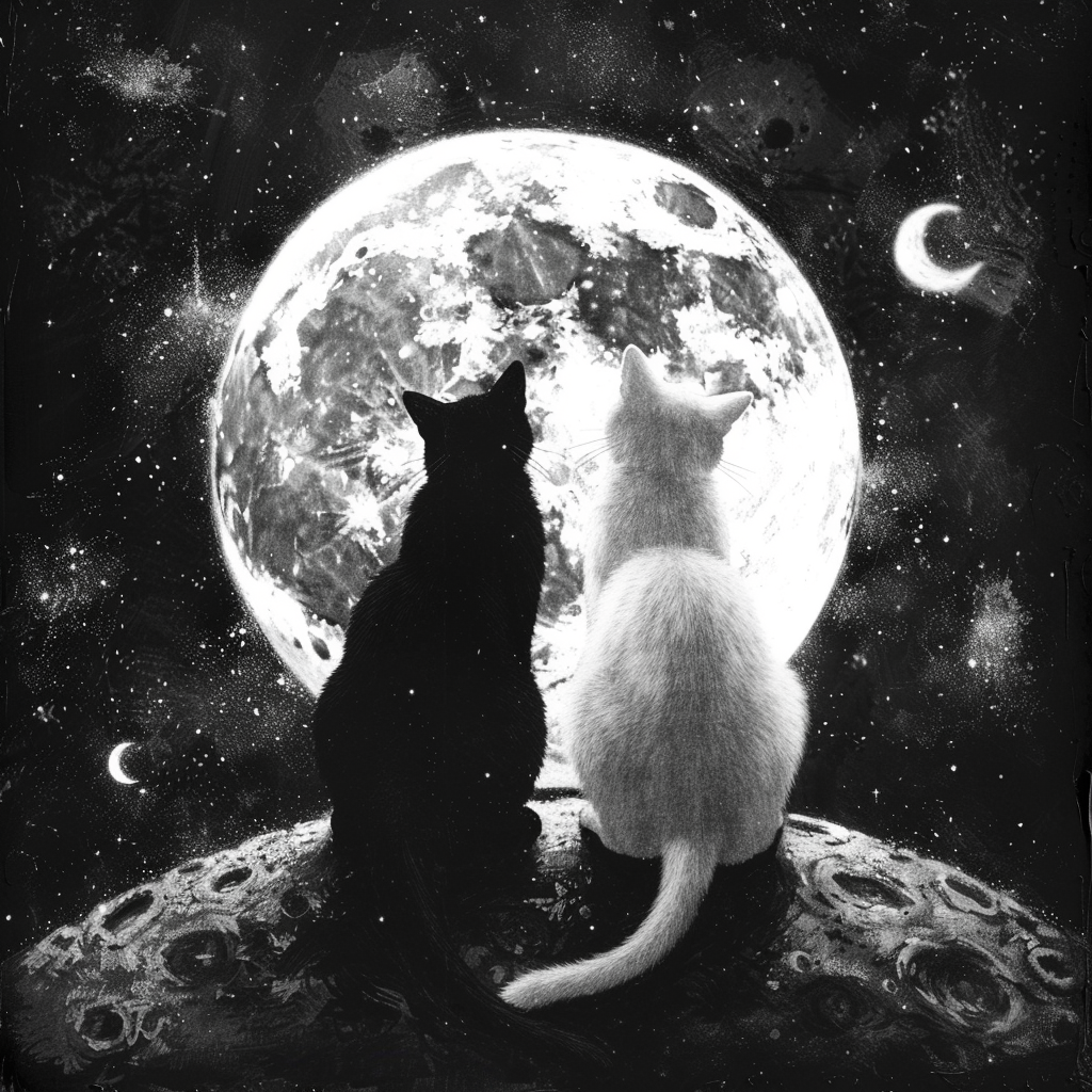 Two cats staring at heart-shaped moon in space.