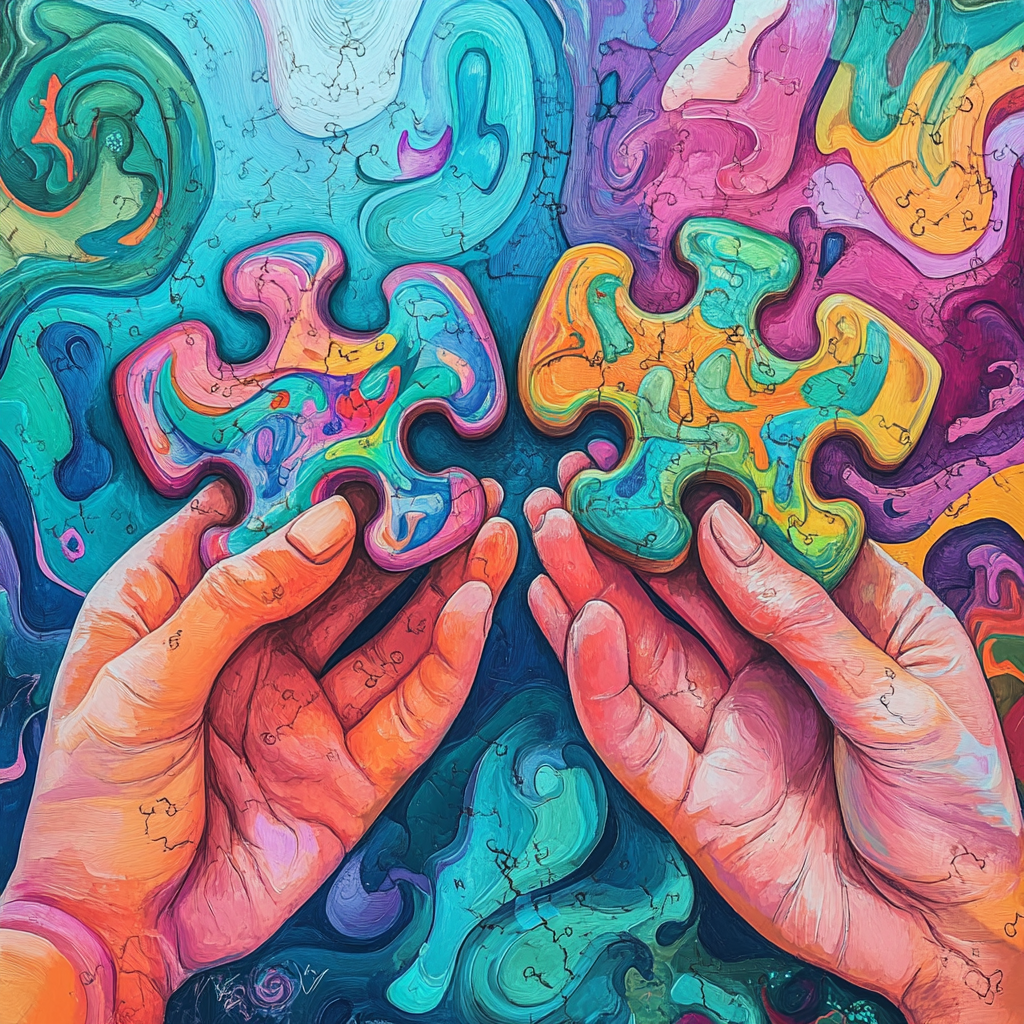 Two colorful puzzle pieces create unity in hands.