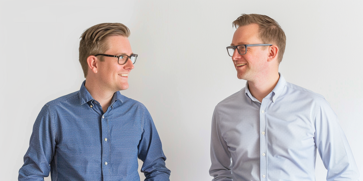 Two consultants discussing project, wearing blue and white shirts.